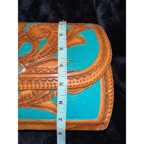 VINTAGE UNIQUE TURQUOISE LARGE WESTERN TOOLED LEATHER BAG! - Picture 5 of 11